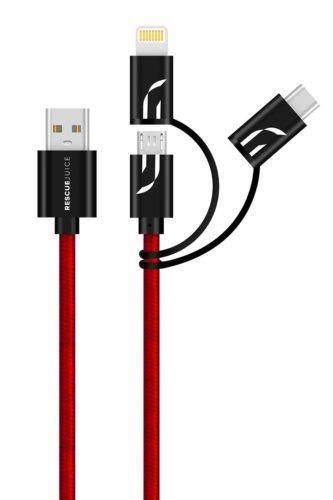 Universal 1meter rød 3-in-1 lade og sync kabel for iPhone, Samsung, LG, Huawei. USB-C , Micro-USB, Apple lightening.